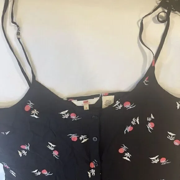 Levi's Summer Womens M Black Palm Tree Island Sun Gulls Baby Doll Strap‎ Dress - Picture 7 of 8